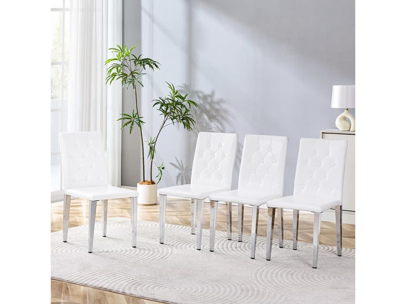  Chaise de salle à manger lot de 4, dossier capitonné  - assise rembourrée, pu blanc et métal argenté  - Conforama B