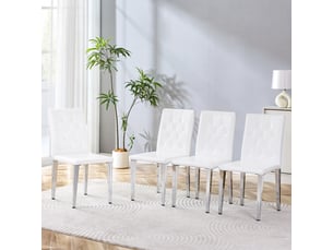 Chaise de salle à manger lot de 4, dossier capitonné  - assise rembourrée, pu blanc et métal argenté