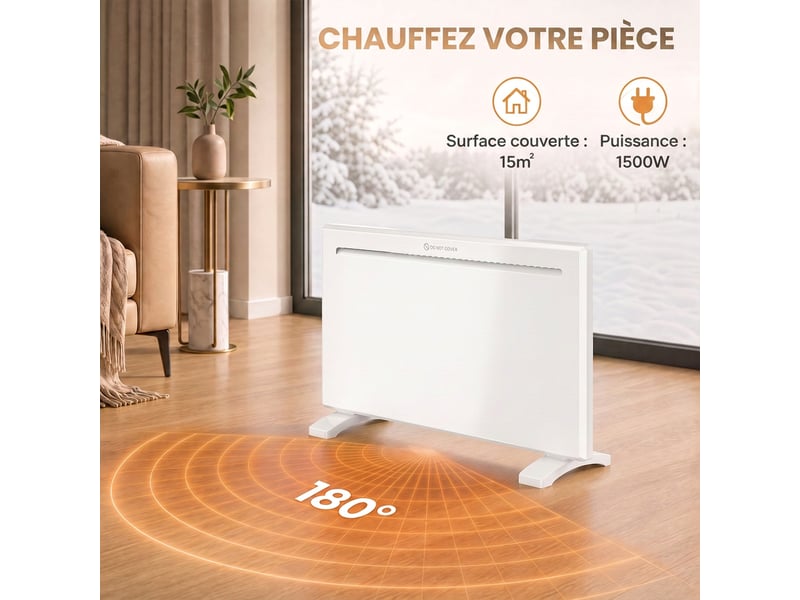  Radiateur électrique 1500 w connecté wifi sur pied ou mural, commandes vocales, 4 modes, écran led, 70x21,5x43,5cm blanc  - Conforama D
