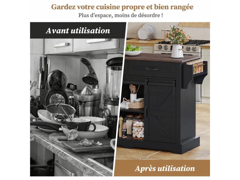 Îlot de cuisine avec plateau rabattable, 2 portes, 2 tiroirs, 120 x 45-70 x 91, noir - Conforama D