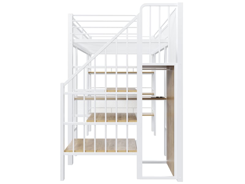  Lit mezzanine enfant 90x200 cm blanc en métal, bureau, led, prises, étagères et penderie Fay Lum - Conforama E