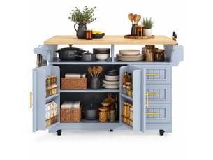 Desserte de cuisine avec 3 tiroirs, plateaux rabattables, porte-serviettes et 5 roulettes pour cuisine en mdf bleu-gris