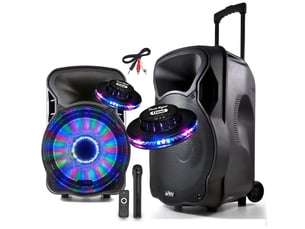 Enceinte karaoké partysound sur batterie 1000w party-15 à leds rvb - usb-bt-sd-fm + 2 effets ovni + câble pc