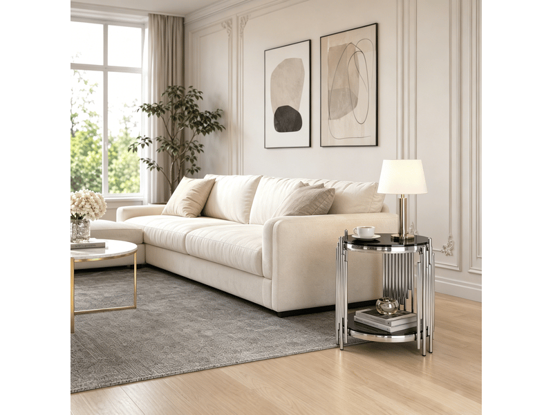 Table d'appoint ronde, 2 niveaux, table de salon, usage quotidien, en verre trempé et acier inoxydable, noir et argenté  - Conforama C