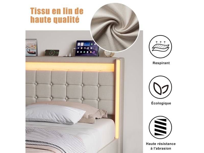 Lit coffre 90x200 avec led et usb, lit 1 place avec rangement hydraulique, lit simple rembourré avec sommier à lattes, sans matelas - Conforama E