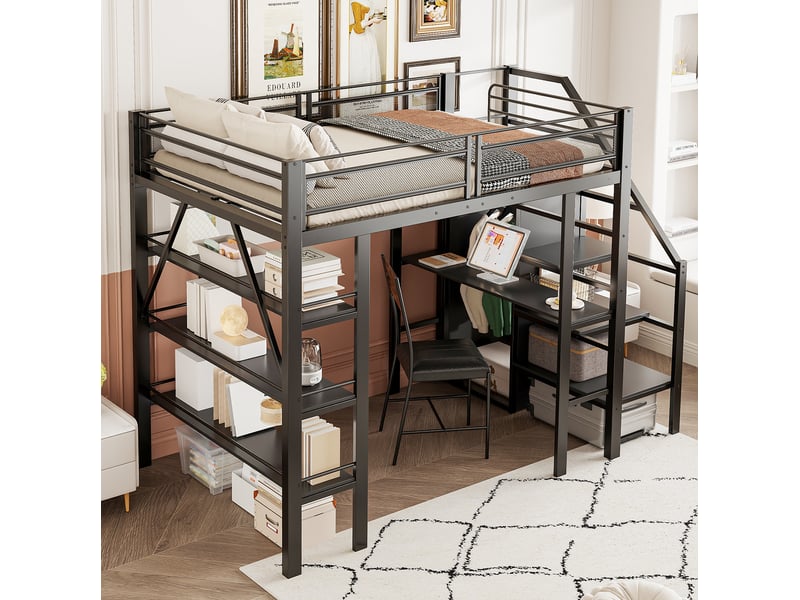  Lit mezzanine tcqpz 140 x 200 cm noir en métal avec bureau, étagères de rangement, armoire et escalier réversible  - Conforama E