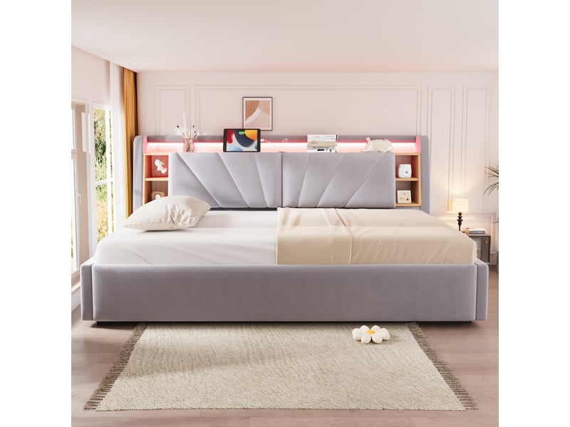 Lit coffre rembourré 90 x 200 cm – avec étagères – avec compartiments de rangement – avec éclairage led et port usb – gris clair (matelas non inclus) - Conforama D