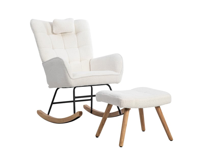  Fauteuil à bascule relax - 67x48x92 cm - avec repose-pieds et coussin en tissu bouclé pieds bois - blanc  - Conforama A