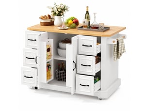 Desserte de cuisine 142x45-75,5x91 cm, 6 tiroirs et 2 portes, avec roulettes, en mdf et métal, couleur blanc et bois