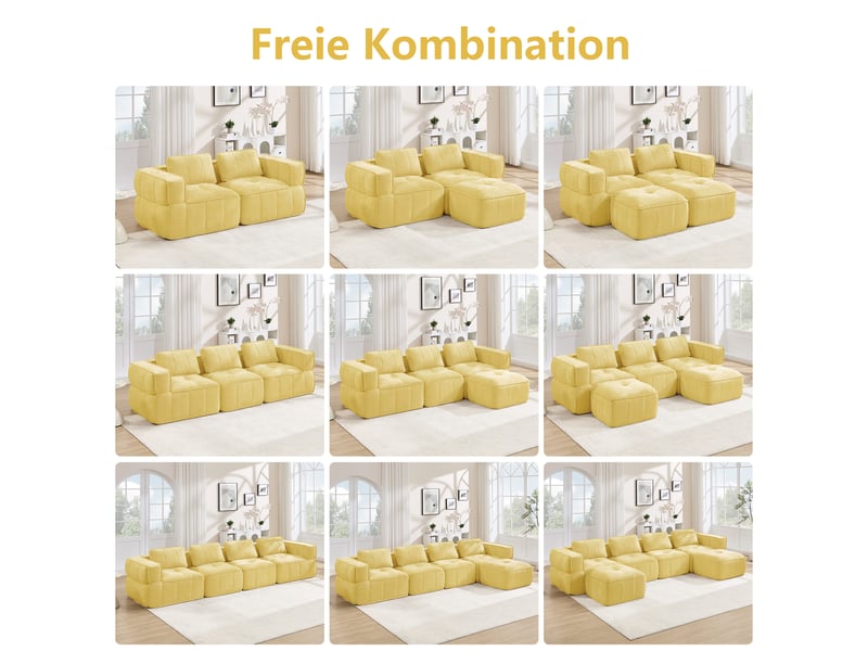  Canapé modulable en l 4 places avec pouf en polyester jaune W3325S00502 - Conforama D