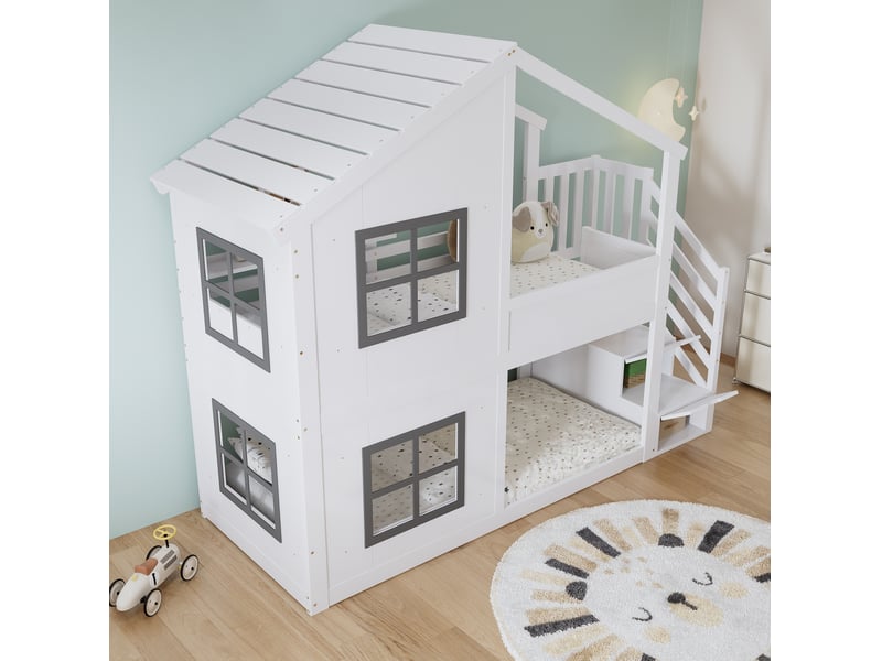  Lit superposé 90×200 cm, lit simple avec escalier de rangement 3 niveaux, fenêtres et toit, sans matelas, blanc et gris  - Conforama C