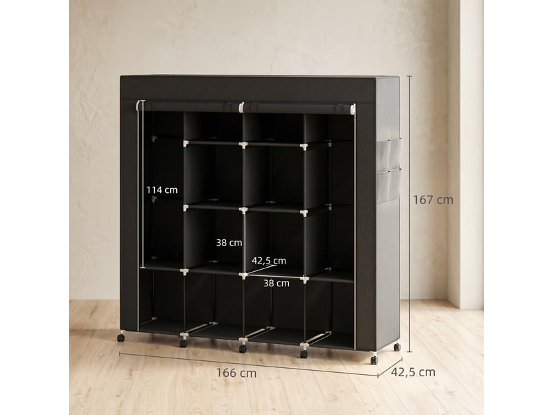  Armoire en tissu, unité de rangement mobile à 10 roulettes, 10 compartiments, penderie, noire  - Conforama E