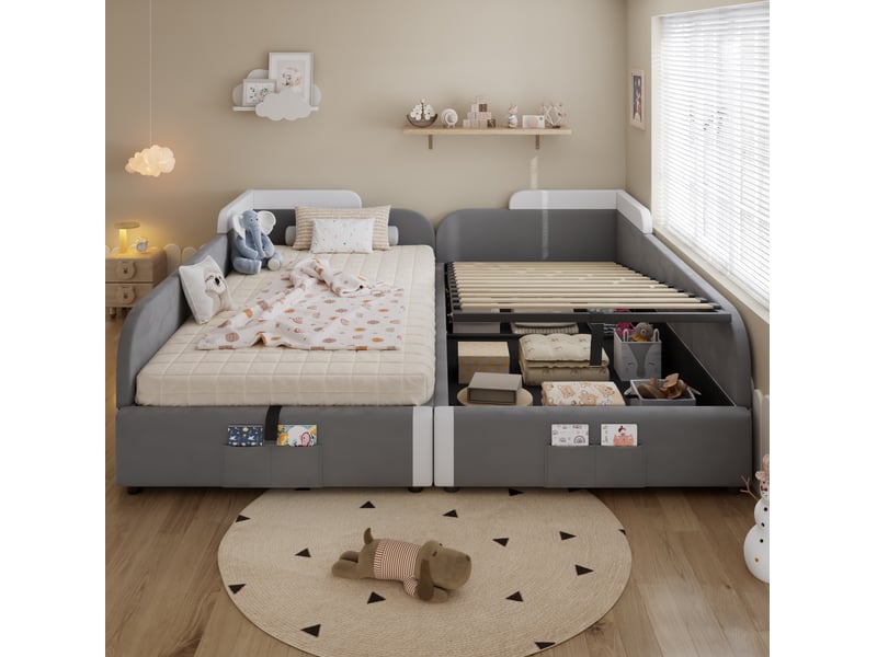  Lit coffre combiné pour 2 matelas 90x200 cm gris avec rangement hydraulique  - Conforama B