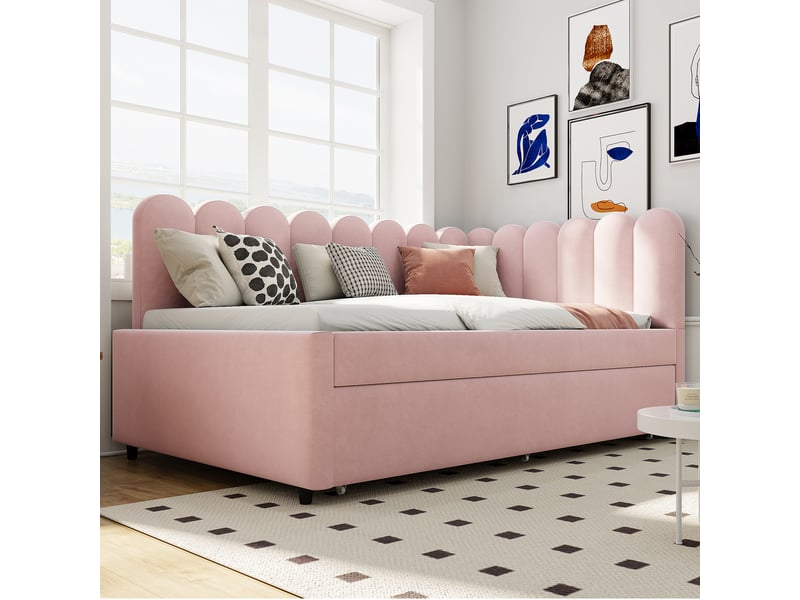  Canapé-lit en l 140x200 cm avec dossier fleur, velours rose, design gain de place et lit gigogne pour invités  - Conforama E