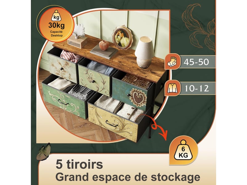  Commode à 5 tiroirs - 100x30x55.2cm - meuble de rangement en tissu style américain rétro - multicolor  - Conforama D