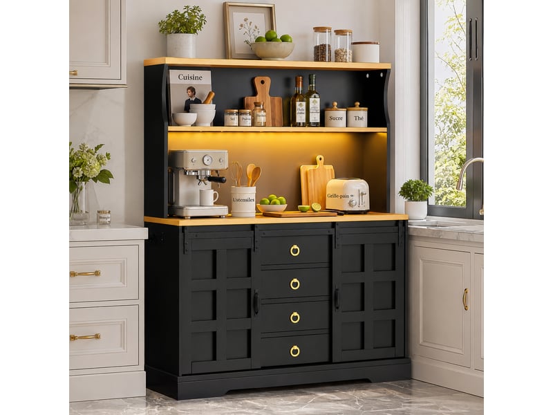  Meuble haut de cuisine avec rangement et vitrine, meuble bar avec éclairage led rgb, prises usb, 120 x 40 x 150 cm, noir  - Conforama B