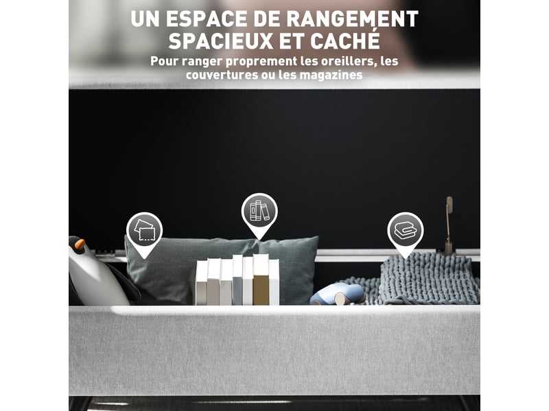  Banc de rangement 53,8l avec siège rembourré en lin et accoudoirs, pour salon, chambre, entrée, 132 x 42 x 50 cm, gris  - Conforama E