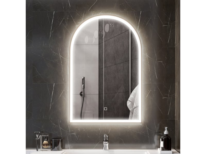 Miroir de salle de bain led 90 x 60cm, mural, 3 couleurs, arqué cadre en aluminium, désembuage et interrupteur tactile - Conforama C
