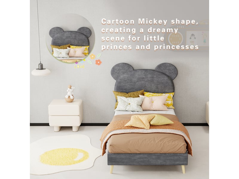  Lit simple rembourré 90x200 cm avec tête de lit douce à motifs cartoon, lit enfant avec sommier à lattes, lit 1 personne, gris  - Conforama D