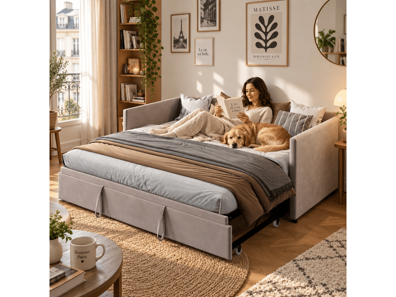 Lit gigogne 2 places 90180 x 200 cm ,lit capitonné avec sommier à lattes, extensible, cadre de lit convertible, lit banquette, tissu en velours, gris, matelas non inclus - Conforama D