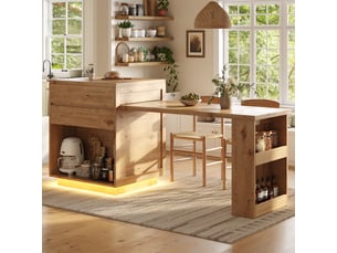 Îlot de cuisine extensible 122-194.5cm avec 4 tiroirs avant et arrière, grand rangement, plan de travail multifonction et led pilotable par application, naturel