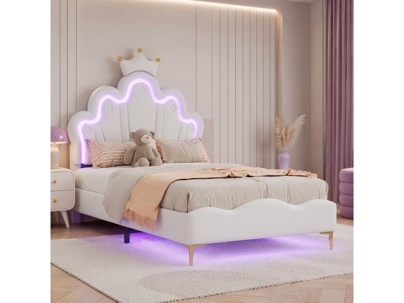  Lit enfant en similicuir blanc, lit simple 90x200 cm avec couronne, nuages et éclairage led, sans matelas  - Conforama C