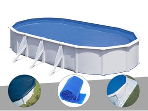 Kit piscine acier blanc gré fidji ovale 6,34 x 3,99 x 1,22 m + bâche hiver + bâche à bulles + tapis de sol