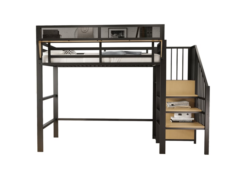  Lit mezzanine 90x200 cm noir métal et mdf, avec échelle sécurisée, étagère amovible et espace sous lit  - Conforama A