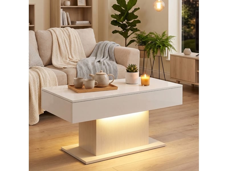  Table basse avec 2 tiroirs, led rgb et télécommande, finition blanche brillante moderne pour salon 108 × 48 × 55 cm  - Conforama B
