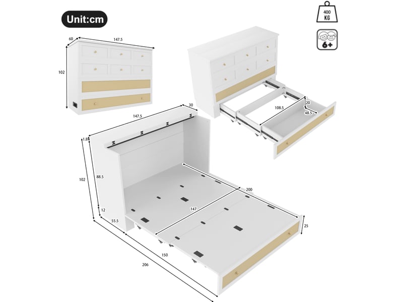  Lit armoire 140x200 cm avec usb et prise, transformable, mdf, blanc sans matelas  - Conforama E