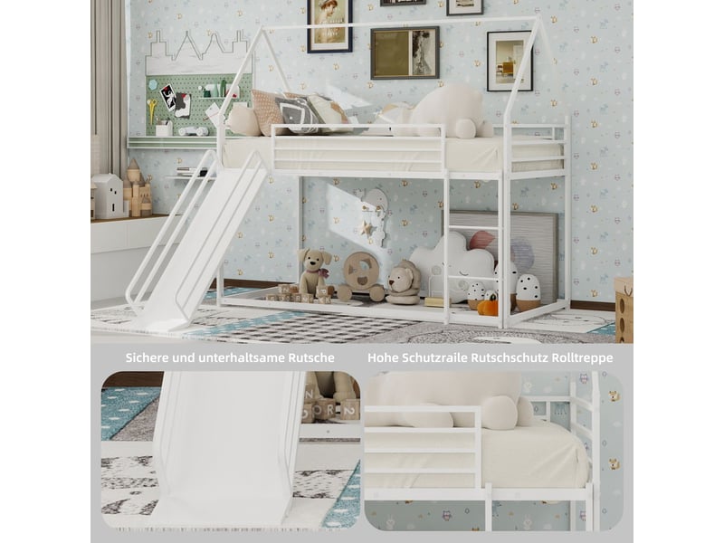  Lit combiné enfant 90x190cm - superposé cabane avec toboggan et échelle en métal, gain de place et design ludique blanc  - Conforama E