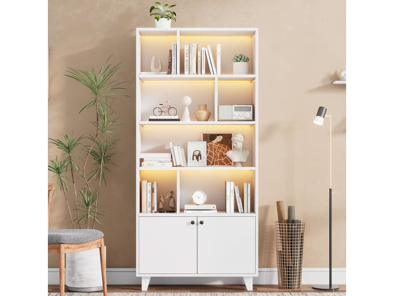  Bibliothèque 80x30x173 cm avec led, armoire de rangement, meuble de bureau, pieds en bois, 2 portes, mdf et bois, blanc  - Conforama B