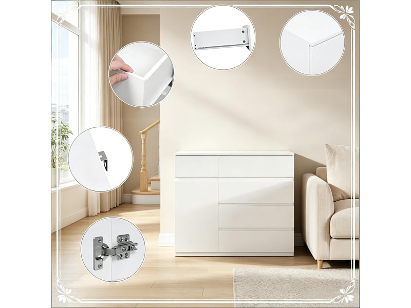  Commode à 5 tiroirs et 1 porte, 100 x 40 x 80 cm, étagère réglable et façades sans poignées, blanc  - Conforama E