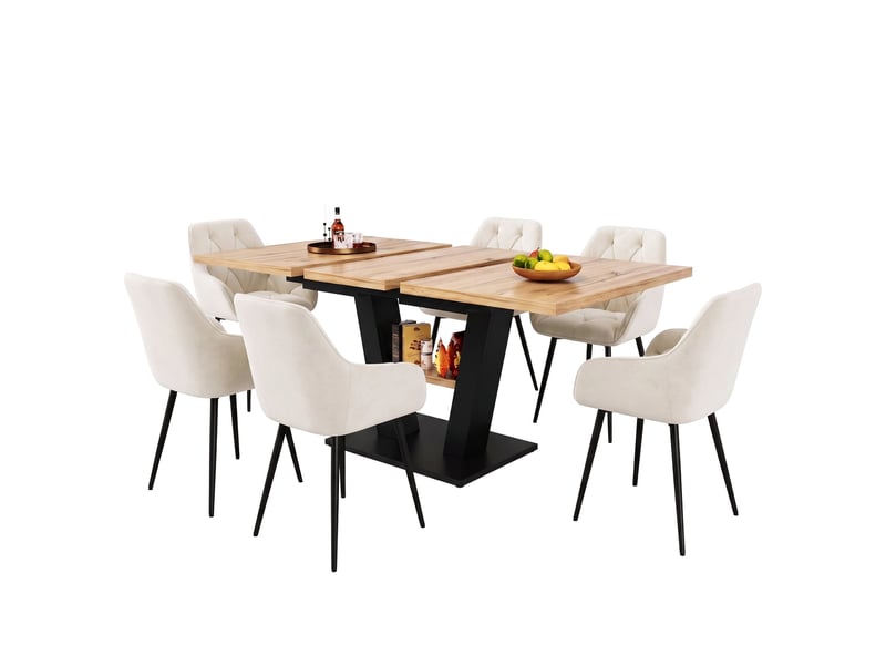 Ensemble table et 6 chaises salle à manger, table extensible 118-157 cm coloris bois, chaises modernes dossier ergonomique assise rembourrée - Conforama A