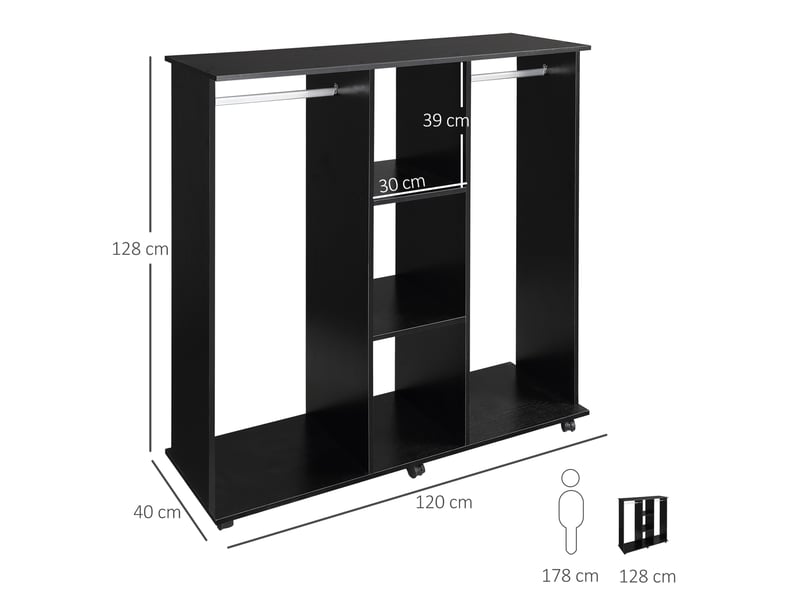  Armoire penderie meuble de rangement mobile 6 roulettes 120l x 40l x 128h cm en bois noir  - Conforama D