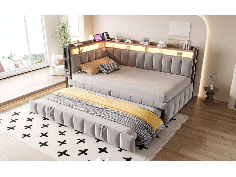 Canapé-lit convertible 90x200 cm avec lit gigogne, lit simple avec éclairage led et ports usb et type-c, tissu velours gris clair  - Conforama W