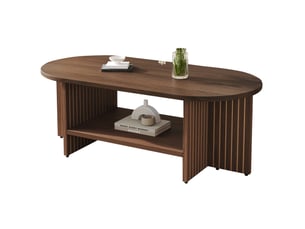 Table basse ovale 100 x 49 x 35 cm noyer mdf, étagère basse ouverte et design moderne à rainures