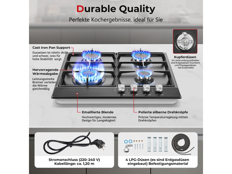 Plaque de cuisson gaz 4 feux, plaque gaz émaillée noire 58 cm, allumage automatique, gaz naturel ou propane, encastrable ou posable - Conforama R