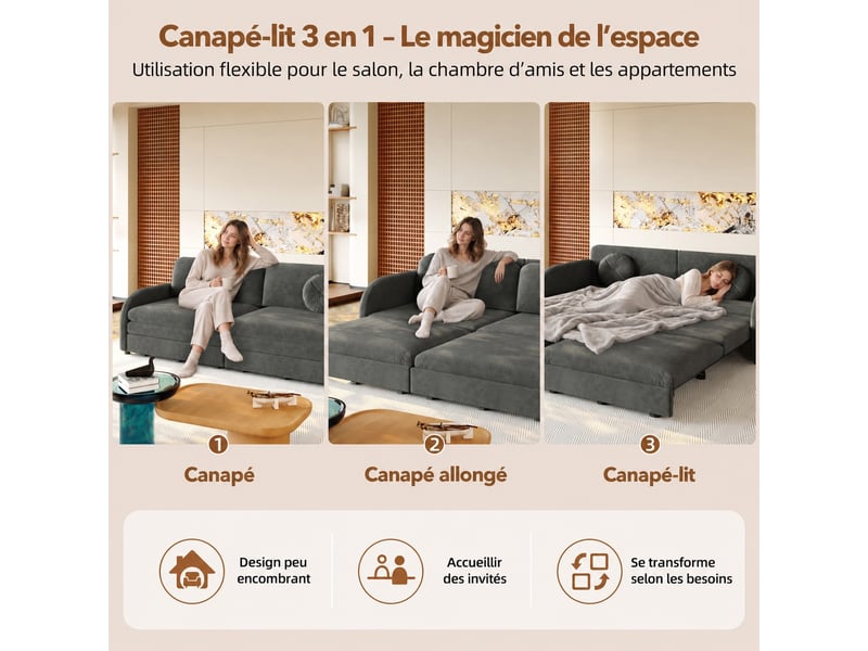  Canapé 3 places convertible en chenille, 206 x 84 x 90 cm, lit coulissant avec dossier réglables et poches de rangement, gris  - Conforama D