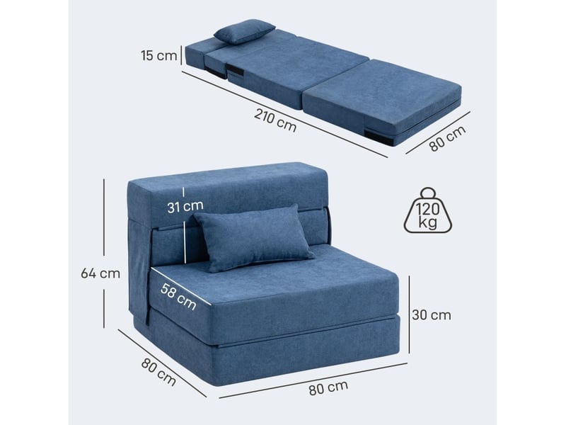  Fauteuil-lit pliable ulevr 3 en 1 convertible, chaise longue et matelas 210 x 80 cm, mousse haute densité, aspect flanelle bleu foncé  - Conforama C