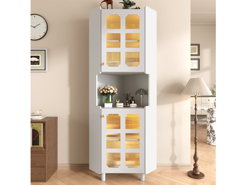  Armoire d'angle 63,5 x 15 x 157,5 cm blanche en mdf laqué, éclairage led piloté par application  - Conforama B