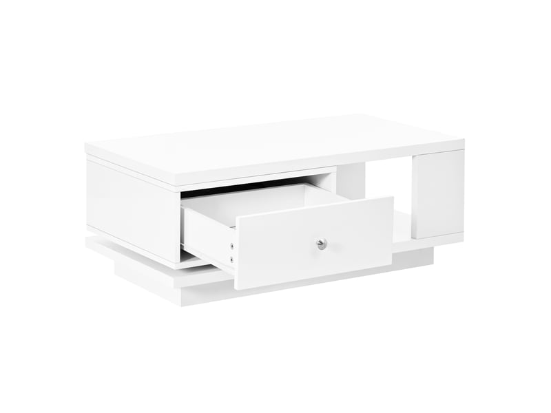  Table basse avec tiroir pivotant, niche ouverte et poignée métal, finition brillante blanche pour salon en mdf  - Conforama A