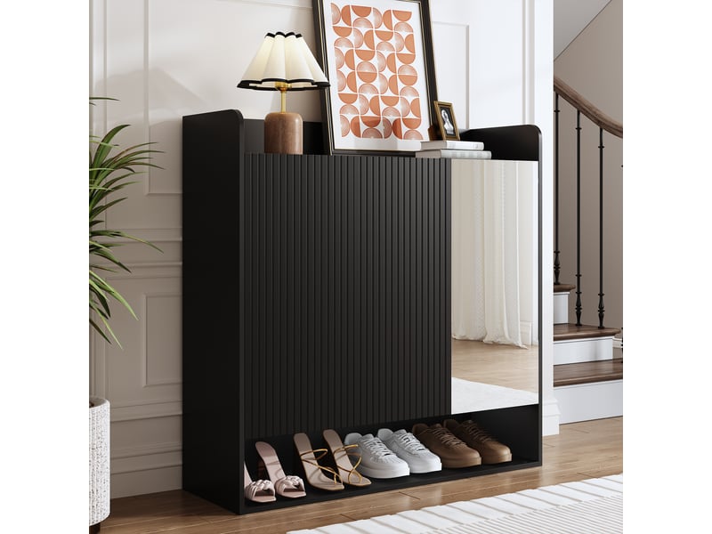  Meuble à chaussures noir avec structure striée verticale et miroir en pied, grand rangement, noir  - Conforama B