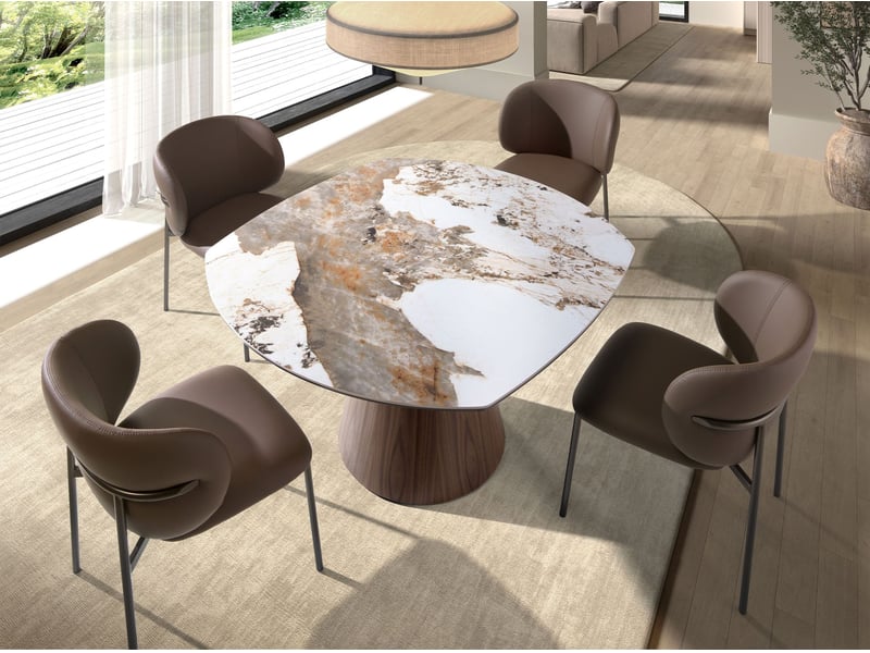 Table de salle à manger extensible ovale en forme de tonneau en marbre porcelanique et bois de noyer - Conforama C