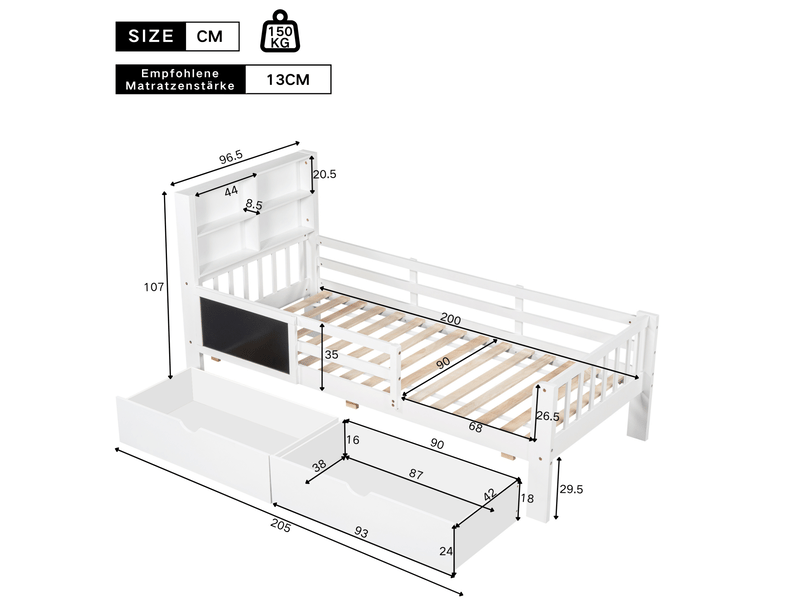  Lit simple 90x200 cm, lit jeune, avec 2 tiroirs, 4 niches ouvertes, barrière, tableau, mdf et bois, blanc, sans matelas  - Conforama C