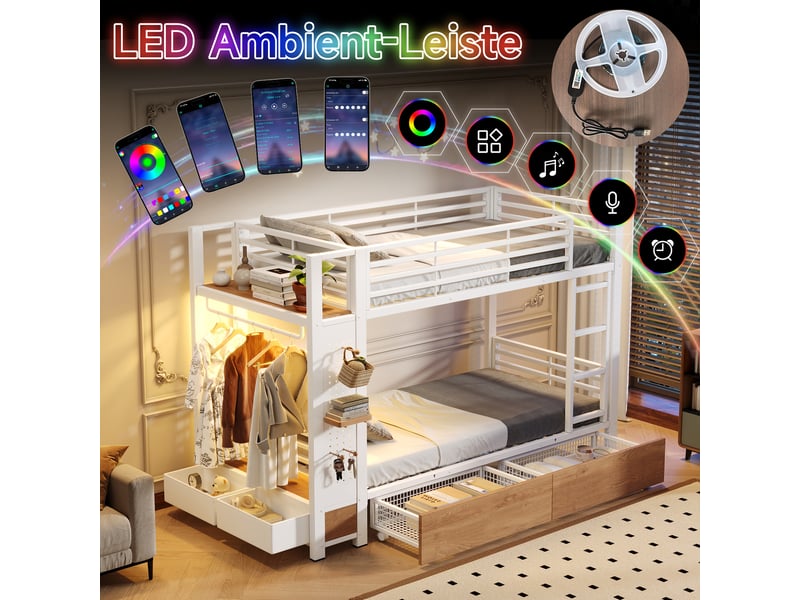  Lit superposé 90x200 cm avec cadre métal - 4 tiroirs - étagères multiples - led - panneau perforé - barre à vêtements - espace de rangement - mdf - blanc CozyNest - Conforama E