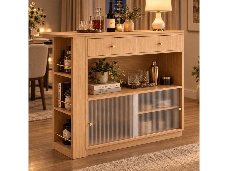  Îlot de cuisine extensible 120x30x100 cm avec rangement, table bar pivotante 360° avec led, 2 tiroirs et étagères, meuble bar - chêne  - Conforama E