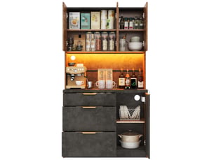 Buffet de cuisine 100x40x180 cm avec 3 tiroirs et 4 portes, éclairage led et prises en mdf couleur naturel et gris