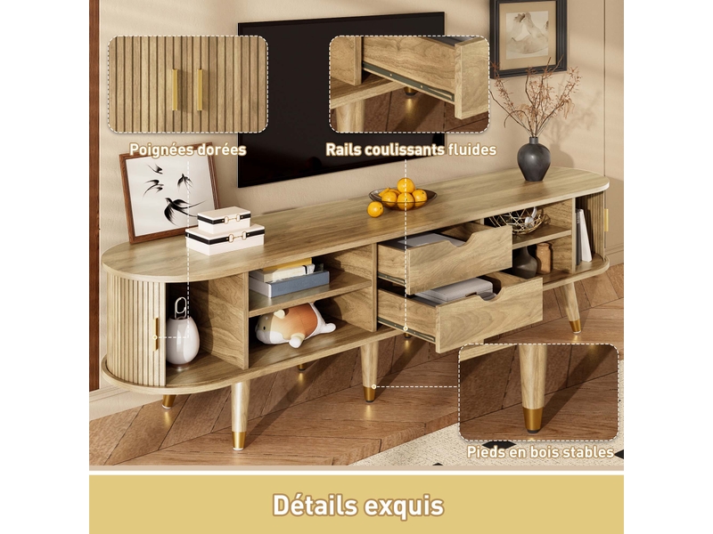  Meuble tv avec portes coulissantes 175 cm, banc tv couleur chêne avec pieds dorés, style rustique et naturel pour salon  - Conforama E