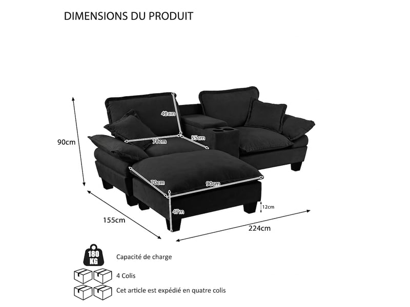Canapé d'angle modulable 3 places avec usb, 224x151 cm, rangement et porte-gobelets - Conforama C